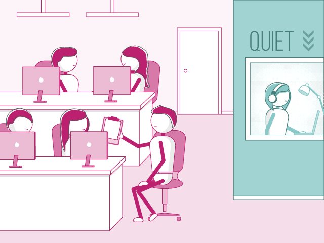 open office environment with 4 coworkers interacting and one in a quiet room to focus on her work