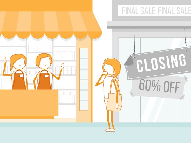 two store fronts, one that is closing and having a final sale, and one that is thriving showing engagement is crucial to business success