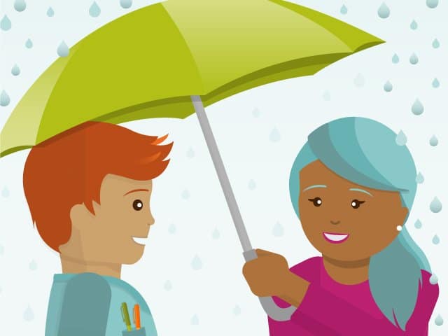 woman sharing her umbrella with a coworker showing compassion