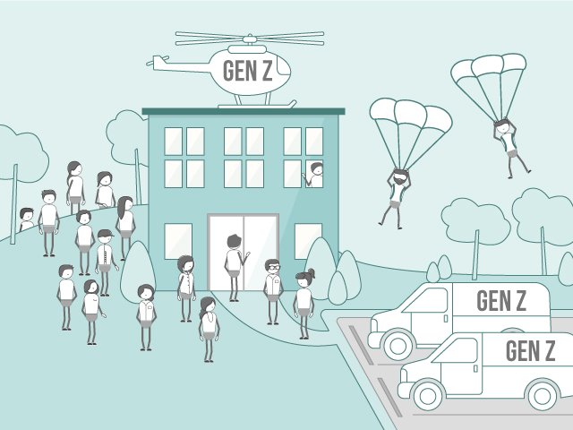 generation Z arriving at an office building by shuttle bus, helicopter, parachute to depict the influx of Generation Z into the workforce