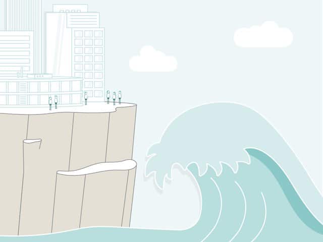 an organization on a cliff overlooking water with a tidal wave threatening to depict the idea of eroding organizational trust