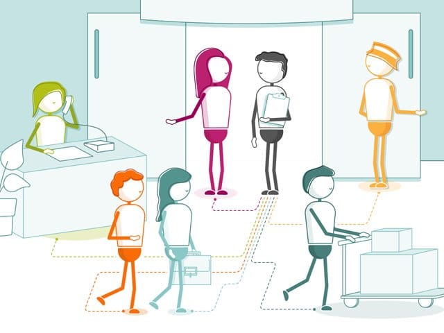 office scene showing different workers, interacting to create a good employee experience