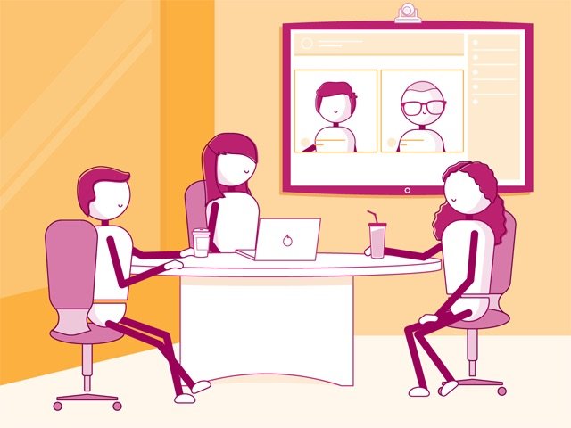 3 employees video conferencing with 2 remote employees