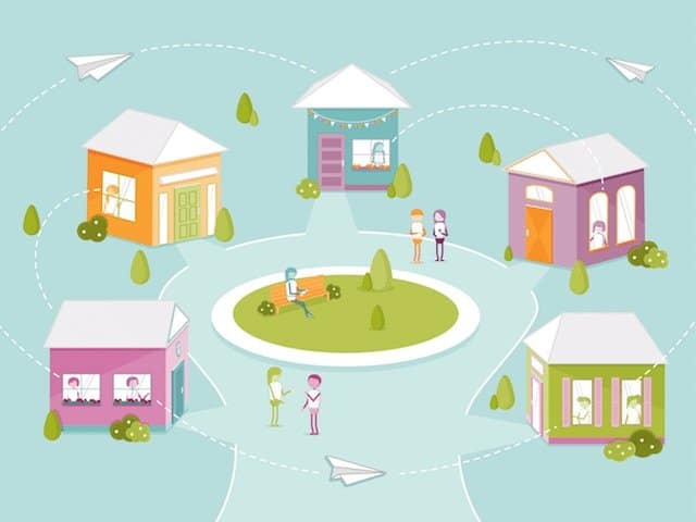 neighborhood houses representing employee resource groups being connected together through improved communications