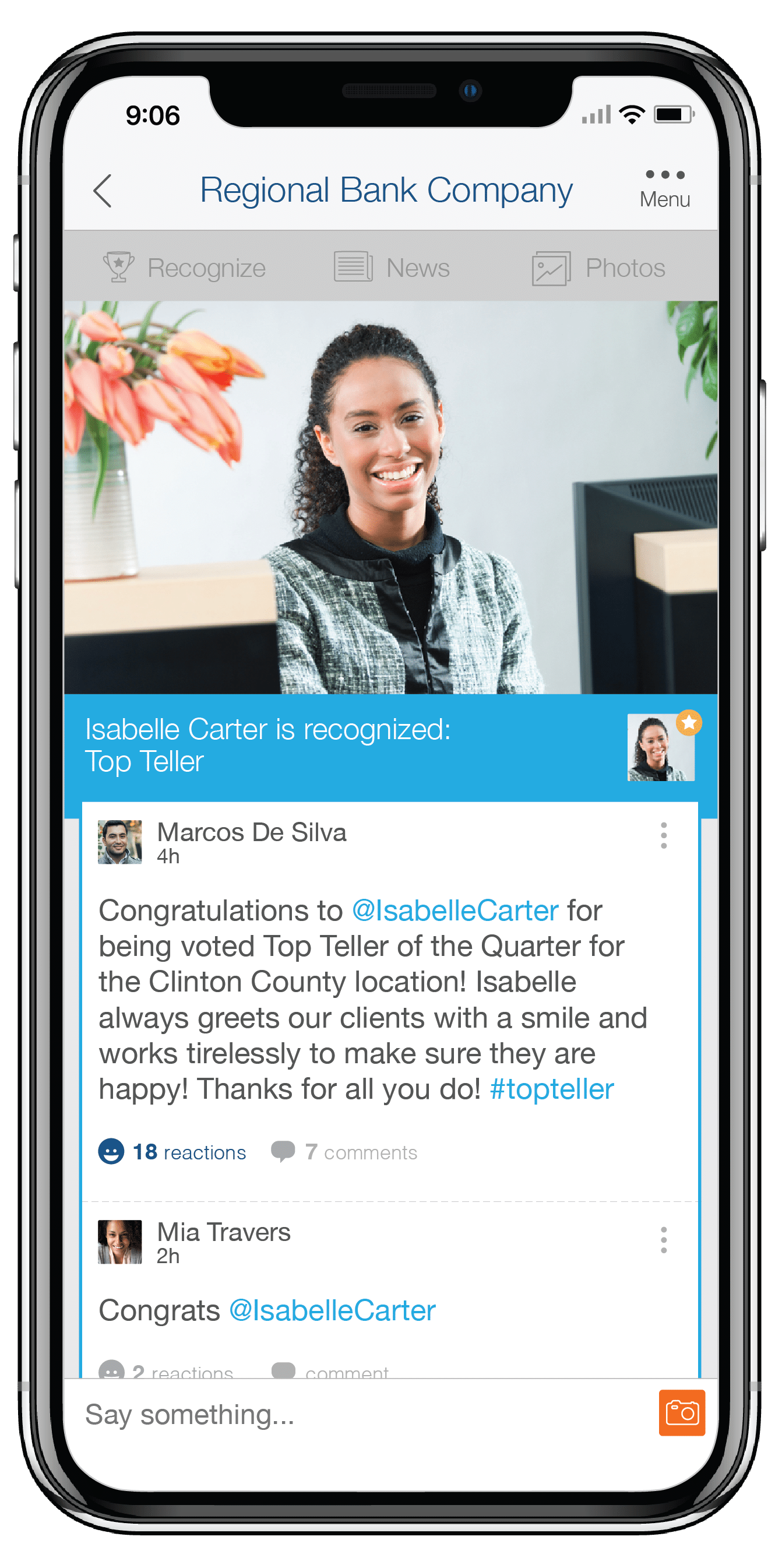 A demonstration of how Bonfyre makes employee recognition easy, efficient, and impactful. An employee named Isabelle Carter receives the Top Teller award from her manager in her Bonfyre community. The post receives 18 likes.