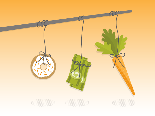 A fishing line shows a carrot, donut, and money to represent different kinds of employee motivation.
