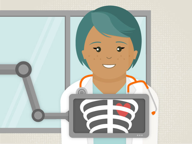 A female doctor holding a x-ray of a skeleton while working remotely.