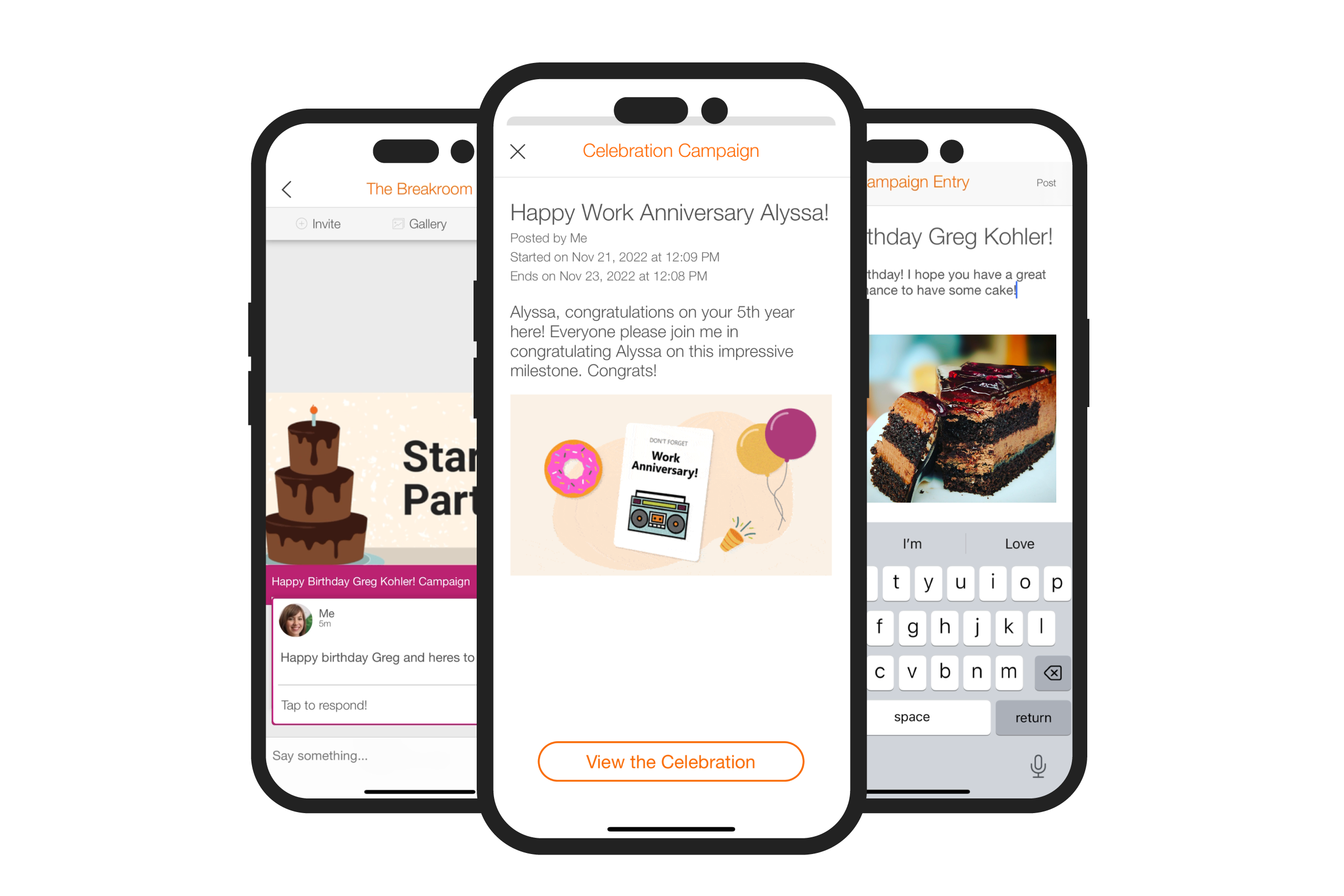 A mobile app designed to engage frontline employees with a heartwarming birthday message and a whimsical birthday cake.