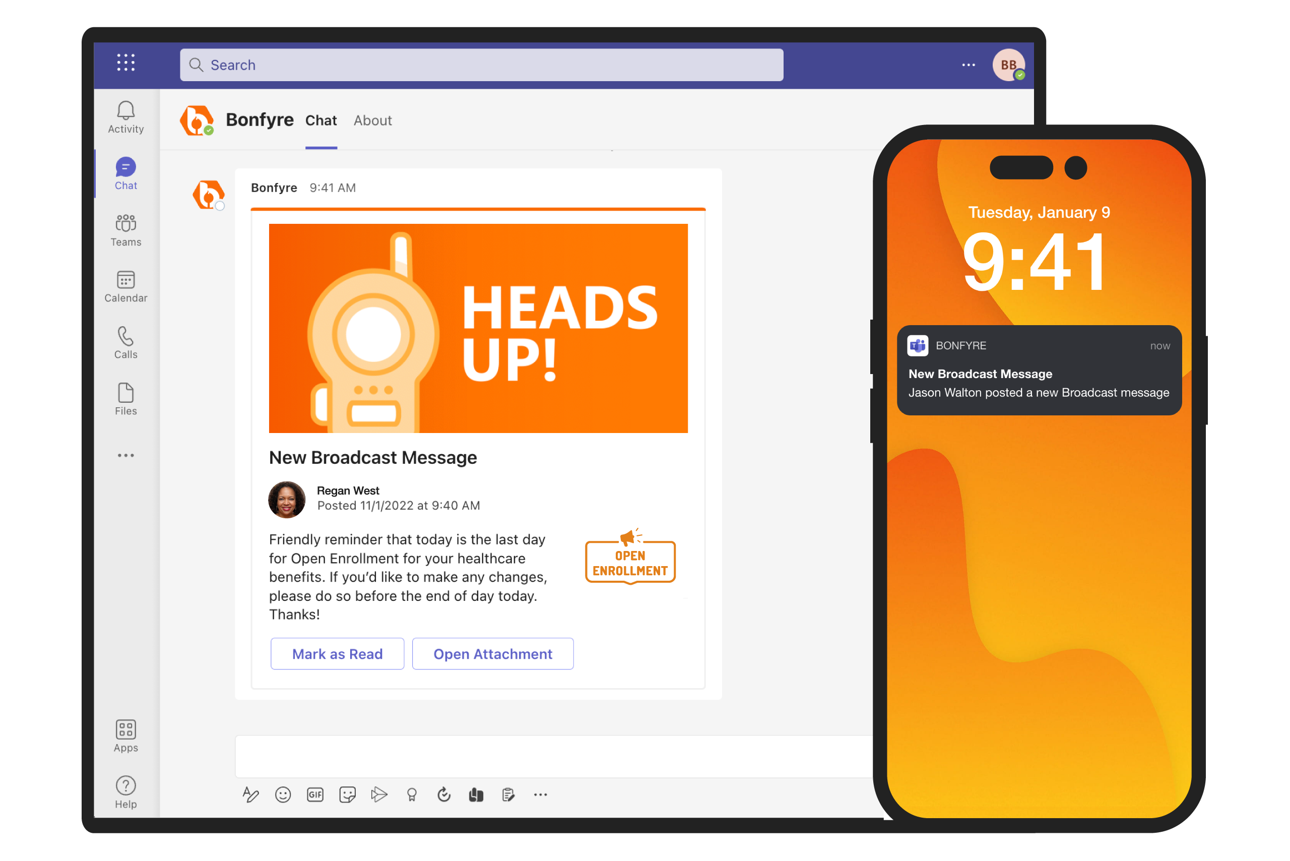 A phone and a tablet displaying a heads up message about Microsoft Teams.