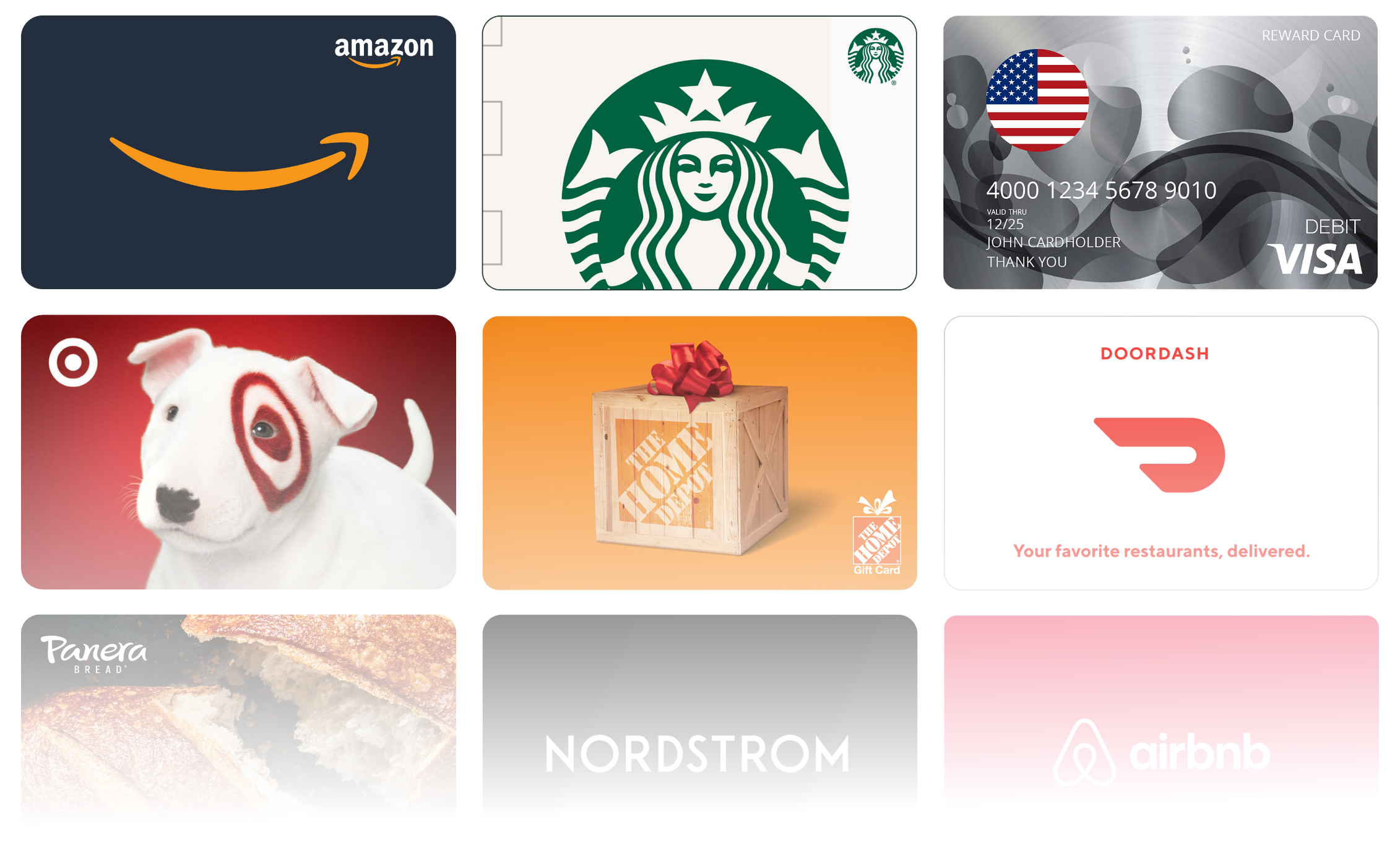 Various gift cards are displayed on a screen, offering rewards and recognition.