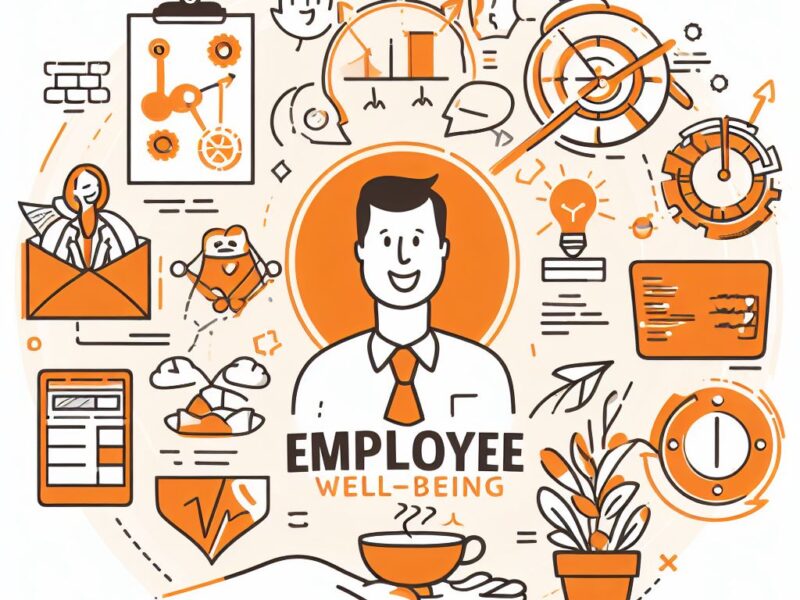An illustration of an employee billboard promoting employee well-being with icons around it.