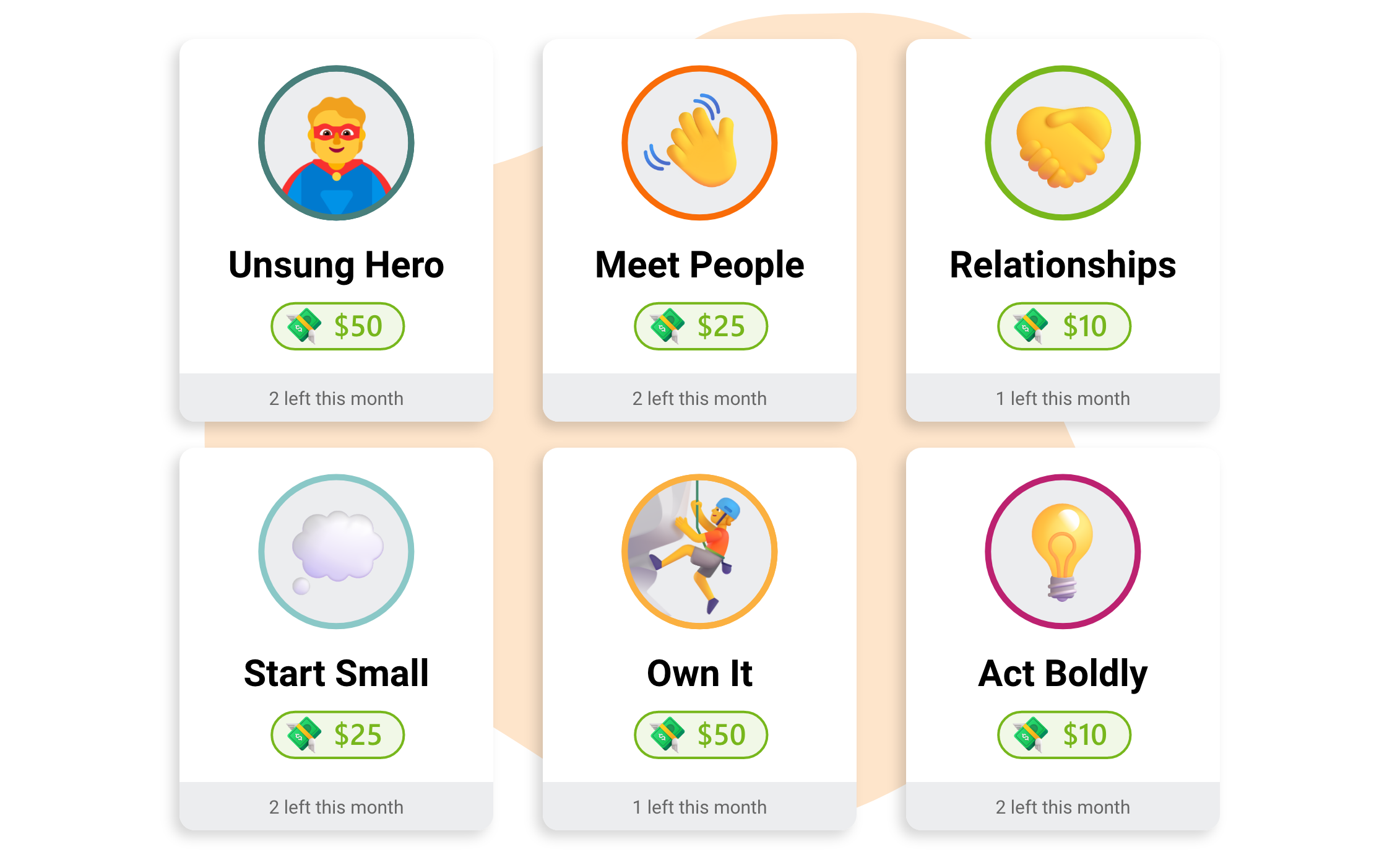 A set of recognition cards featuring various icons, designed to be used as rewards.